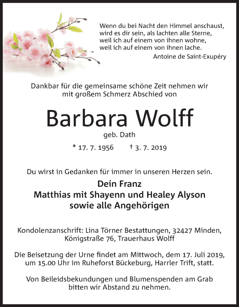 Traueranzeige für Barbara Wolff vom 10.07.2019 aus Mindener Tageblatt