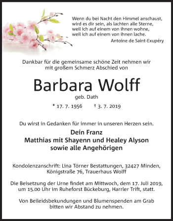 Anzeige von Barbara Wolff von Mindener Tageblatt