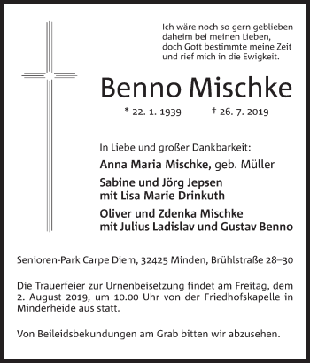 Anzeige von Benno Mischke von Mindener Tageblatt