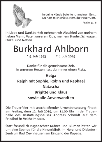 Anzeige von Burkhard Ahlborn von Mindener Tageblatt