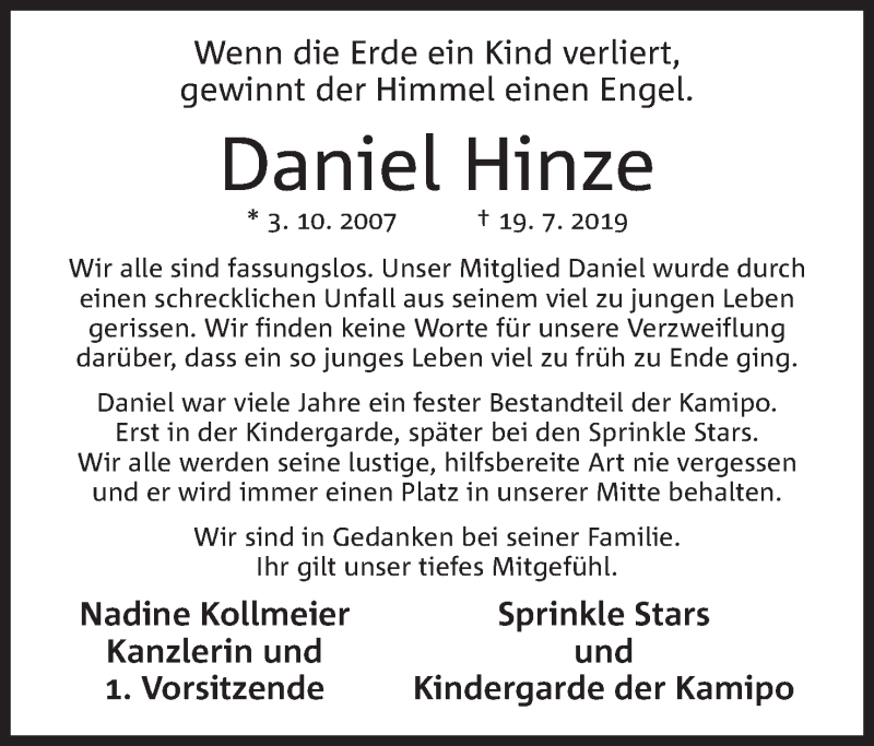  Traueranzeige für Daniel Hinze vom 27.07.2019 aus Mindener Tageblatt