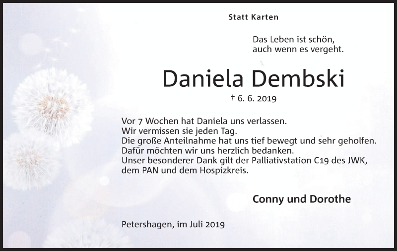  Traueranzeige für Daniela Dembski vom 27.07.2019 aus Mindener Tageblatt