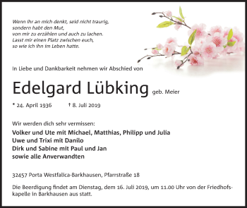 Anzeige von Edelgard Lübking von Mindener Tageblatt