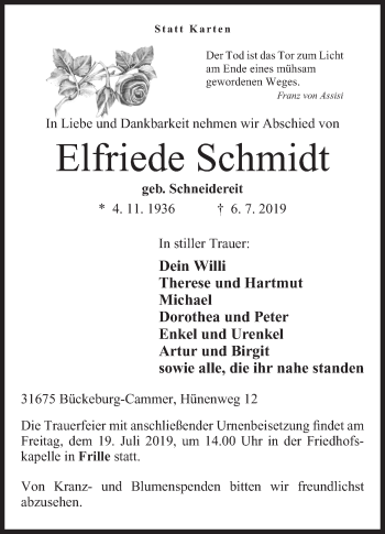 Anzeige von Elfriede Schmidt von Mindener Tageblatt