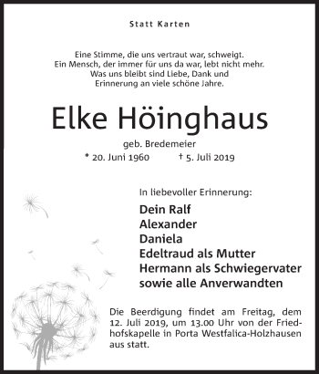 Anzeige von Elke Höinghaus von Mindener Tageblatt
