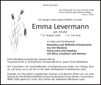 Anzeige von Emma Levermann von Mindener Tageblatt