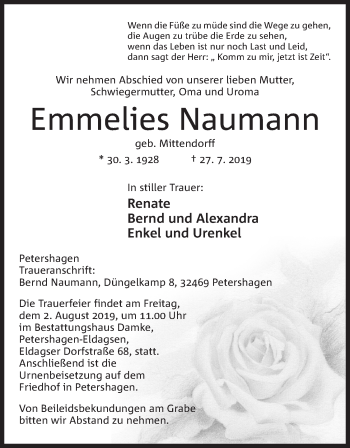 Anzeige von Emmelies Naumann von Mindener Tageblatt