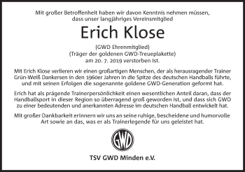 Anzeige von Erich Klose von Mindener Tageblatt