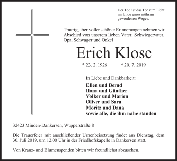 Anzeige von Erich Klose von Mindener Tageblatt