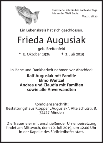 Anzeige von Frieda Augusiak von Mindener Tageblatt