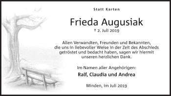 Anzeige von Frieda Augusiak von Mindener Tageblatt