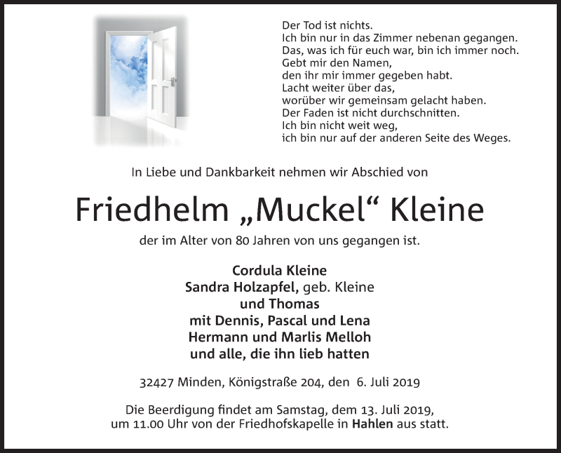  Traueranzeige für Friedhelm Kleine vom 10.07.2019 aus Mindener Tageblatt