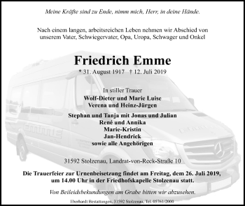 Anzeige von Friedrich Emme von Mindener Tageblatt