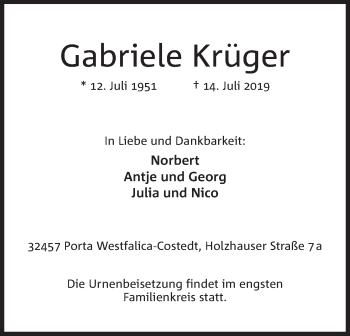 Anzeige von Gabriele Krüger von Mindener Tageblatt