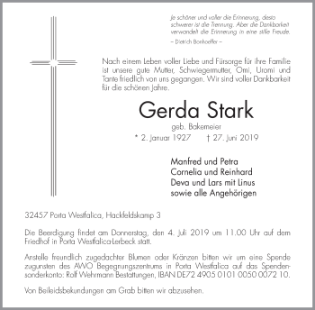 Anzeige von Gerda Stark von Mindener Tageblatt