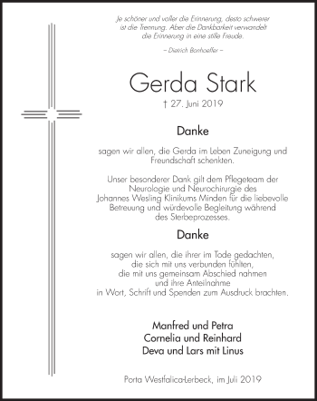 Anzeige von Gerda Stark von Mindener Tageblatt