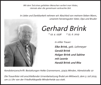 Anzeige von Gerhard Brink von Mindener Tageblatt