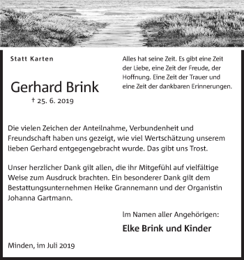 Anzeige von Gerhard Brink von Mindener Tageblatt