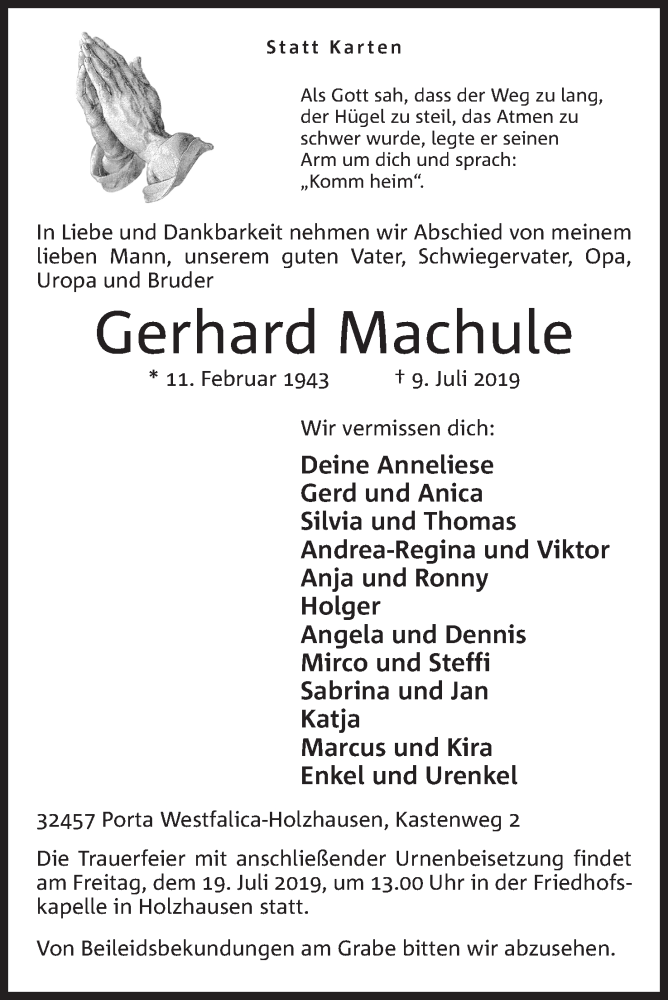  Traueranzeige für Gerhard Machule vom 13.07.2019 aus Mindener Tageblatt