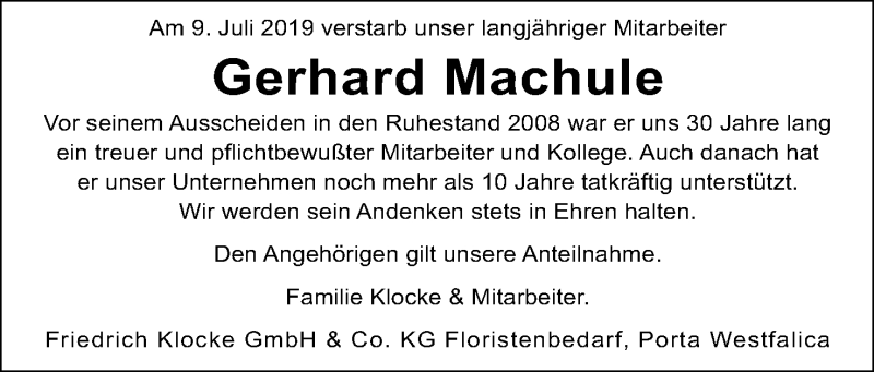  Traueranzeige für Gerhard Machule vom 13.07.2019 aus Mindener Tageblatt