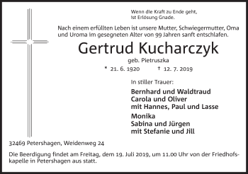 Anzeige von Gertrud Kucharczyk von Mindener Tageblatt