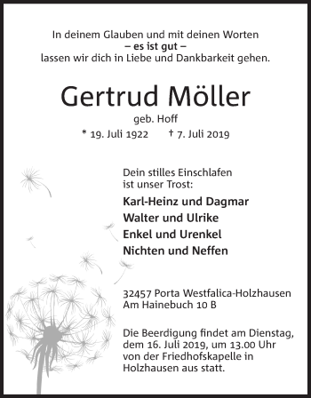Anzeige von Gertrud Möller von Mindener Tageblatt