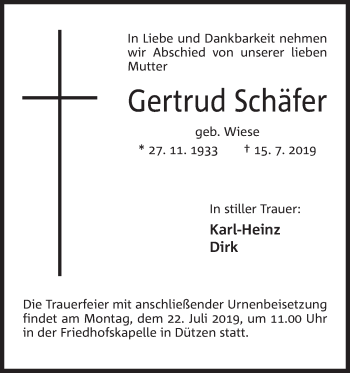 Anzeige von Gertrud Schäfer von Mindener Tageblatt
