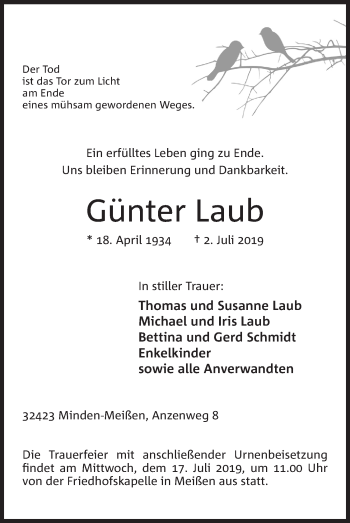 Anzeige von Günter Laub von Mindener Tageblatt
