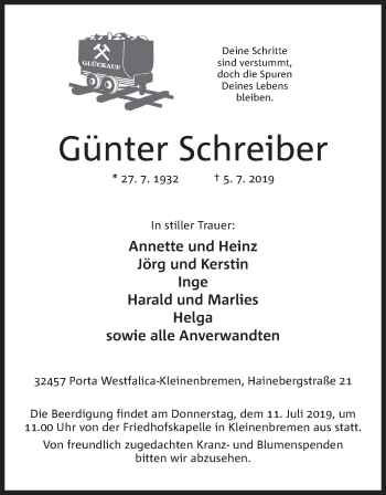 Anzeige von Günter Schreiber von Mindener Tageblatt
