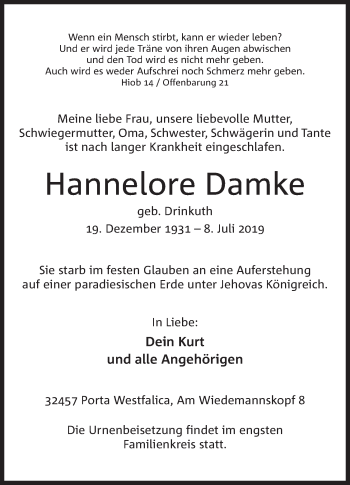 Anzeige von Hannelore Damke von Mindener Tageblatt