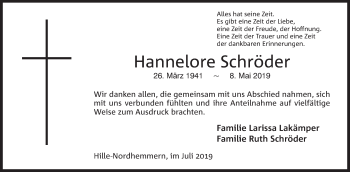 Anzeige von Hannelore Schröder von Mindener Tageblatt