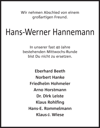 Anzeige von Hans-Werner Hannemann von Mindener Tageblatt