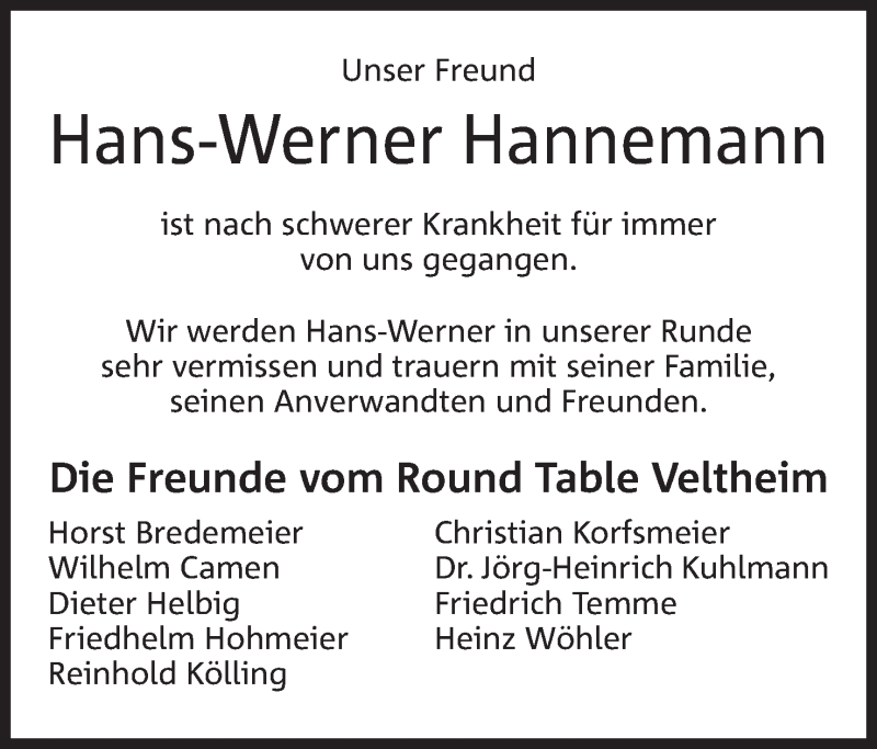  Traueranzeige für Hans-Werner Hannemann vom 11.07.2019 aus Mindener Tageblatt