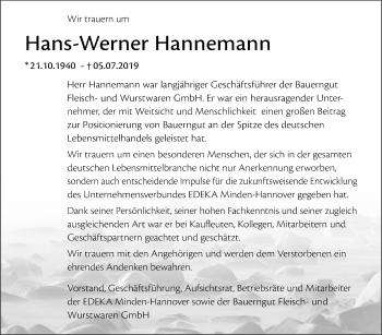 Anzeige von Hans-Werner Hannemann von Mindener Tageblatt