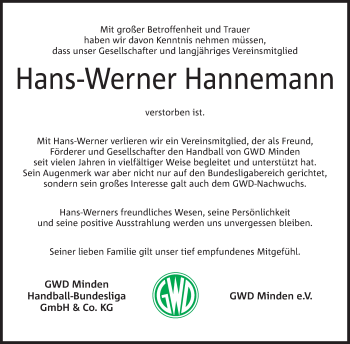 Anzeige von Hans-Werner Hannemann von Mindener Tageblatt