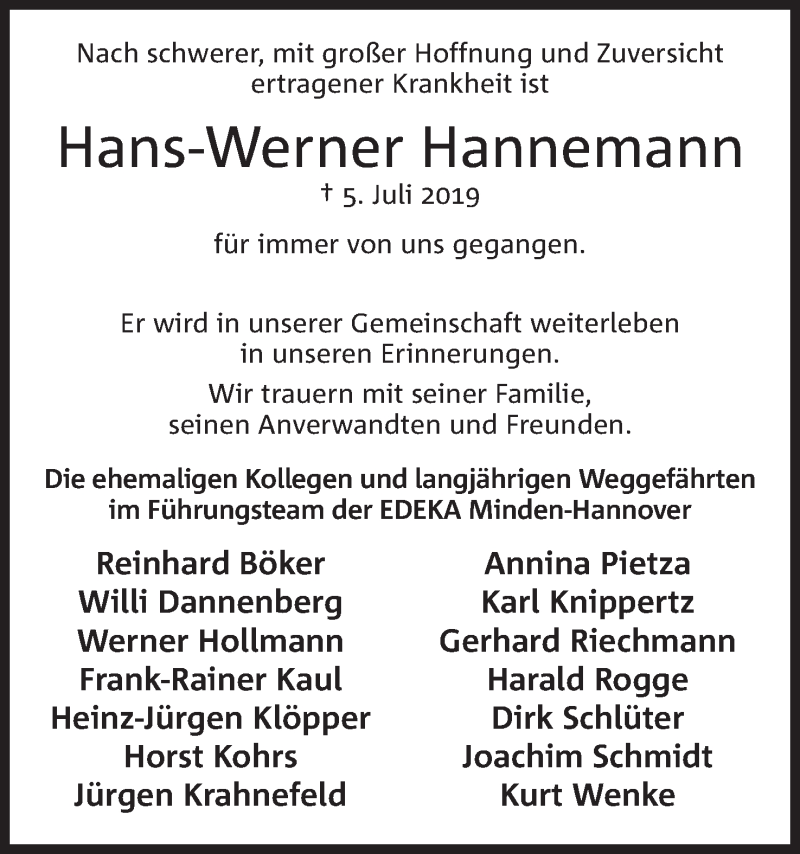  Traueranzeige für Hans-Werner Hannemann vom 10.07.2019 aus Mindener Tageblatt