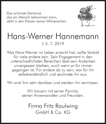 Anzeige von Hans-Werner Hannemann von Mindener Tageblatt