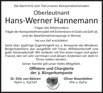Anzeige von Hans-Werner Hannemann von Mindener Tageblatt