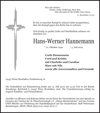 Anzeige von Hans-Werner Hannemann von Mindener Tageblatt