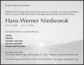 Anzeige von Hans-Werner Niedworok von Mindener Tageblatt