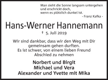 Anzeige von Hans Werner Hannemann von Mindener Tageblatt