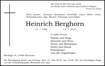 Anzeige von Heinrich Berghorn von Mindener Tageblatt