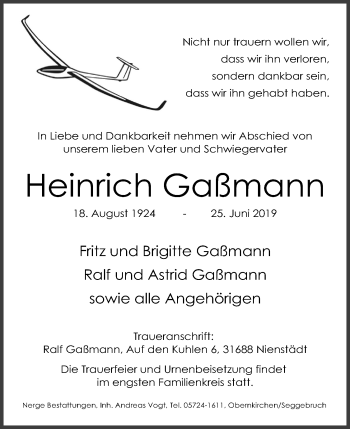 Anzeige von Heinrich Gaßmann von Mindener Tageblatt