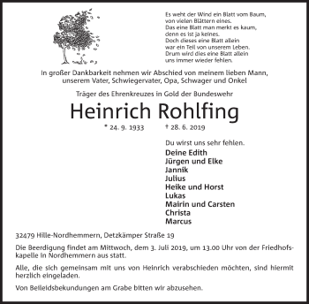 Anzeige von Heinrich Rohlfing von Mindener Tageblatt