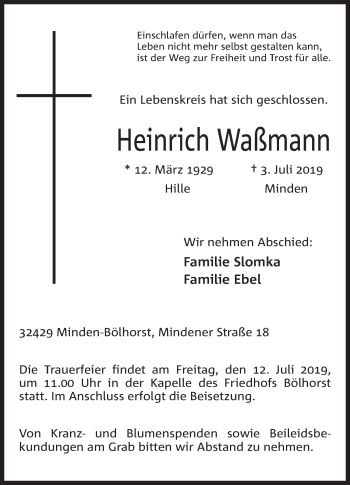 Anzeige von Heinrich Waßmann von Mindener Tageblatt