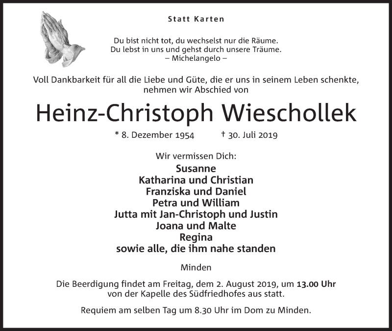  Traueranzeige für Heinz-Christoph Wieschollek vom 31.07.2019 aus Mindener Tageblatt