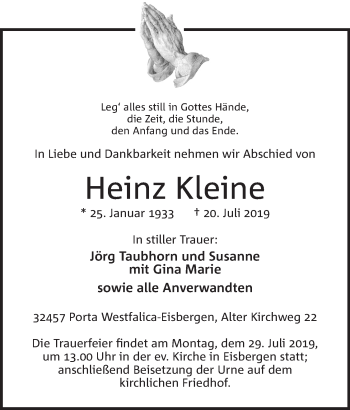 Anzeige von Heinz Kleine von Mindener Tageblatt