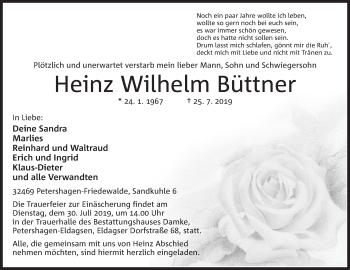 Anzeige von Heinz Wilhelm Büttner von Mindener Tageblatt