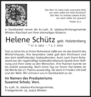 Anzeige von Helene Schütz von Mindener Tageblatt