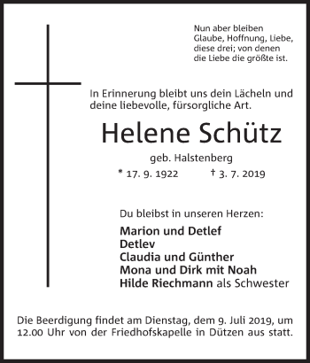 Anzeige von Helene Schütz von Mindener Tageblatt